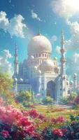 AI generatedBeautiful mosque building with clear sky and grassland. Cartoon or anime watercolor digital painting illustration style. Seamless looping vertical video animation background. Generative AI