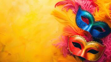 AI generated Mardi Gras background with empty copy space. banner with masquerade masks, confetti, feathers on yellow backdrop. Carnival. Purim. photo