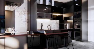 The modern black and white kitchen is not only a functional workspace but also a visual delight, where form and function harmoniously coexist. It is a testament to the beauty of simplicity photo