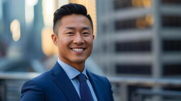 AI generated Attractive Asian businessman in a suit standing confident with blurred office buildings as a background photo