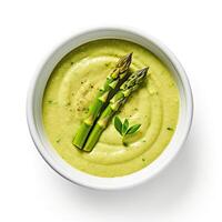 AI generated Asparagus soup closeup isolated on white background photo