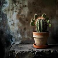 AI generated a small cactus in a clay pot on a ledge photo