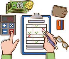 Accounting finance.Counting profit. Calculation money.write documents, statement of income. Vector illustration.