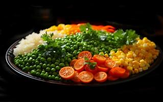 ai generado sano delicioso verde chícharos tomate y maíz vegetariano comida en un plato foto