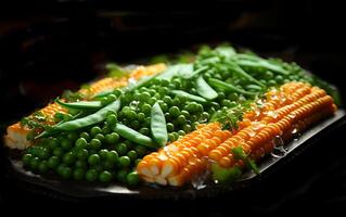 ai generado sano delicioso verde chícharos tomate y maíz vegetariano comida en un plato foto