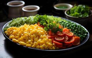 ai generado sano delicioso verde chícharos tomate y maíz vegetariano comida en un plato foto