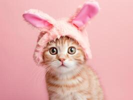 AI generated Cute cat wearing bunny ears headband studio shot background, easter egg celebration concept photo