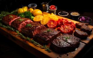 AI generated View of a Short menu an advertisement showing various steak food and tasty meats photo