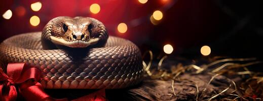 AI Generated Red background with snake as a symbol of Christmas and new year. Place for copying photo