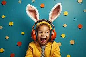 AI generated toddler on yellow background with bunny ears on faces kidstock photo