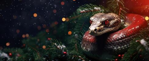 AI Generated Snake on New Year is banner on background of pine branches and bokeh. Free space for text photo