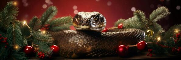 AI Generated Snake on a New Year's background of red color, decorated with fir branches, with space for advertising and text photo