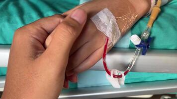 Close up shot of unrecognizable man holding hand of sick woman lying in hospital bed video