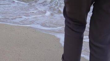 View of back close up legs of young beautiful woman. Walking barefoot on sand on beach by sea. video