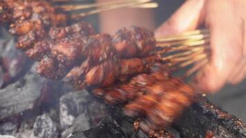 Chicken satay on fiery charcoal grilling by people in Indonesia video