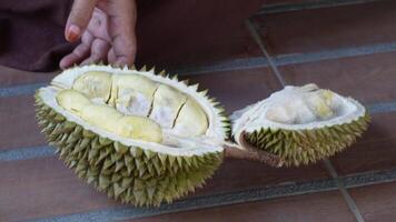 il donna fette Aperto un' durian su il pavimento nel 4k. video