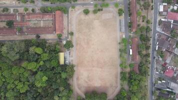 A top view on a soccer field with deteriorated grass surface video