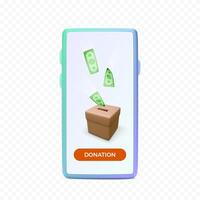 3D realistic donation box with mobile phone. Charity and donation concept for mobile app or online service. Vector illustration