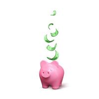 Pink piggy bank with falling green paper dollar. Finance investment banner isolated. Save money concept. Vector illustration