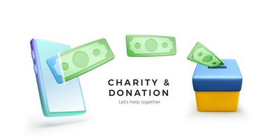 Falling green paper dollars from mobile phone to donation box colour in national Ukrainian flag. Fundraising for victims of the war in Ukraine. Mobile app or online donation service. Vector