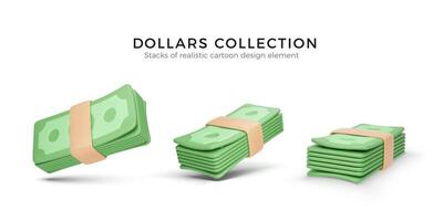 Heap of green dollar USA. Set of 3D render stack of money. Paper dollar banknote isolated on white background. Vector illustration