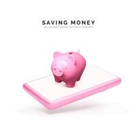 3d realista cerdito banco con móvil teléfono. cerdito banco concepto de dinero depositar y inversión para financiero aplicación o servicio. ahorro dinero negocio modelo. vector ilustración