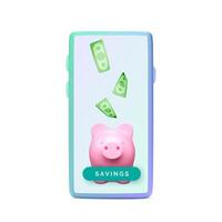 3D realistic piggy bank with mobile phone. Saving money business template. Piggy bank concept of money deposit and investment for financial app or service. Vector illustration