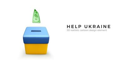 Falling green paper dollars into donation box colour in national Ukrainian flag for web banner. Fundraising for victims of the war in Ukraine. Vector illustration