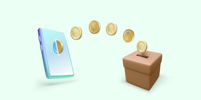 Falling gold coins from mobile phone to donation box. Banner or template for mobile app or online donation service. Vector illustration