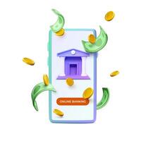 3D mobile phone with business app. Falling coins and dollars. Online banking concept or exchange service. Vector illustration