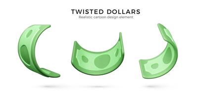 Green Paper Dollar. 3D realistic banknote currency in cartoon style. Set of twisted paper bill. Vector illustration