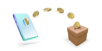 Falling gold coins from mobile phone to donation box isolated on white background. Banner or template for mobile app or online donation service. Vector illustration