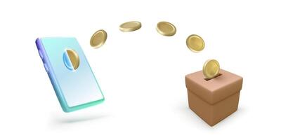 Falling gold coins from mobile phone to donation box isolated on white background. Banner or template for mobile app or online donation service. Vector illustration