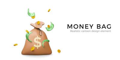 Money bag with falling gold coins and green banknotes in cartoon realistic style. 3d design money element for banner or poster. Vector illustration