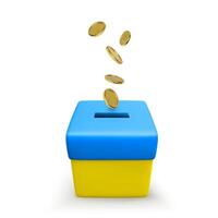 Fundraising for victims of the war in Ukraine. Falling gold coins into donation box colour in national Ukrainian flag. Vector illustration