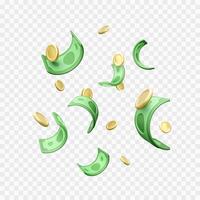 Money rain. Falling 3D cartoon style paper dollars and gold coins. Casino win or business success. Vector illustration