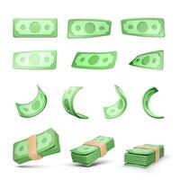 Realistic money set. Collection of 3D green dollars isolated on white background. Twisted paper bills and stack of currency banknotes. Business and finance object for banner design. Vector