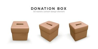 Set of donation box in brawn colors. 3D realistic charity box in cartoon style. Vector illustration