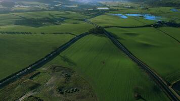 Aerial view of a countryside road cutting through vibrant green fields with patches of water reflecting the sky. video