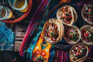 ai generado mexicano tacos con carne de res, Tomates, cebollas y otros en blanco antecedentes foto