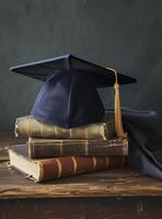 ai generado un graduación gorra y libros con dorado borlas en el arriba y libros. generado por artificial inteligencia. foto