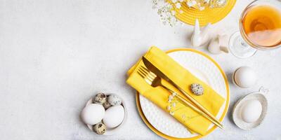 White with yellow restaurant table serving top view. Festive invitation. Banner. Copy space. photo