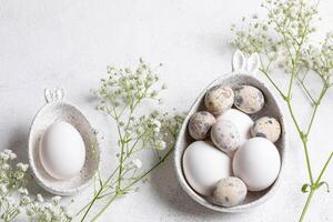 Organic Easter. Two figured marble bowls with eggs, Gypsophila twigs on white. Top view. photo