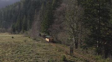 Aerial view of the train rides on the railroad. Drone flight over the locomotive and carriages of the narrow gauge railway. video