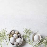 White Easter card. Two figured bowls full of natural colors eggs, white Gypsophila twigs. Mock up. photo