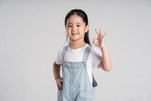 Portrait of a lovely Asian baby girl posing on a white background photo