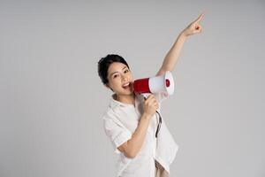 Portrait of beautiful asian woman posing on white background photo