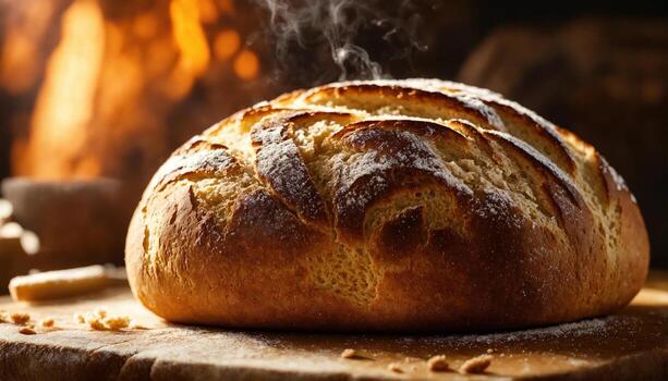 AI generated Freshly baked bread with sesame seeds on a wooden board. ai generative photo