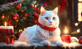 AI generated White cat in a red scarf on the background of the Christmas tree and candles. ai generative photo