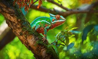 ai generado vistoso camaleón en el árbol en el bosque. cerca arriba. ai generativo foto